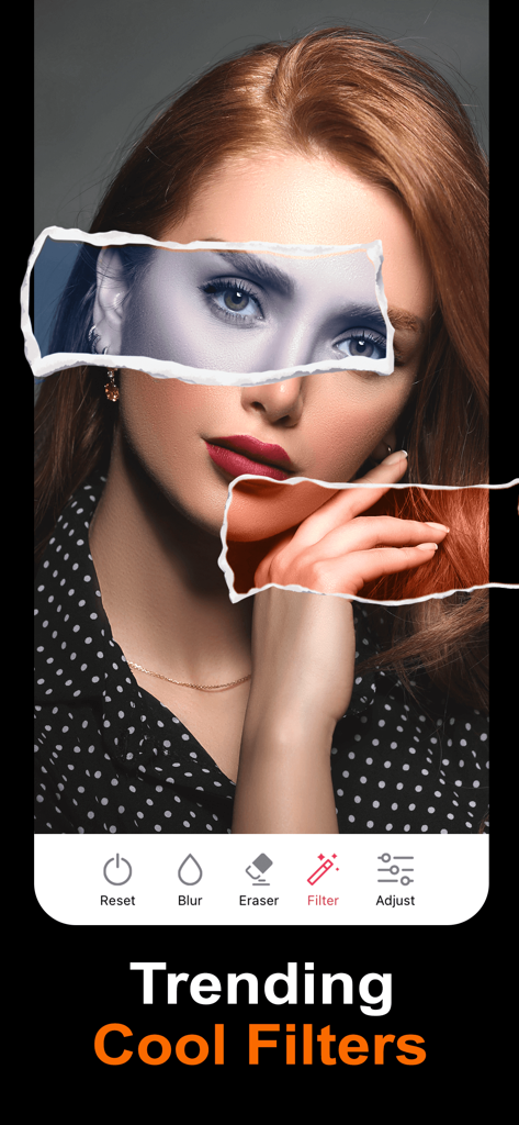 Blur Image -Blur Effect Editor - Porträtfoto, bearbeitet mit einem Ripped-Paper-Effekt, das Schwarz-Weiß- und Farbfilter zeigt