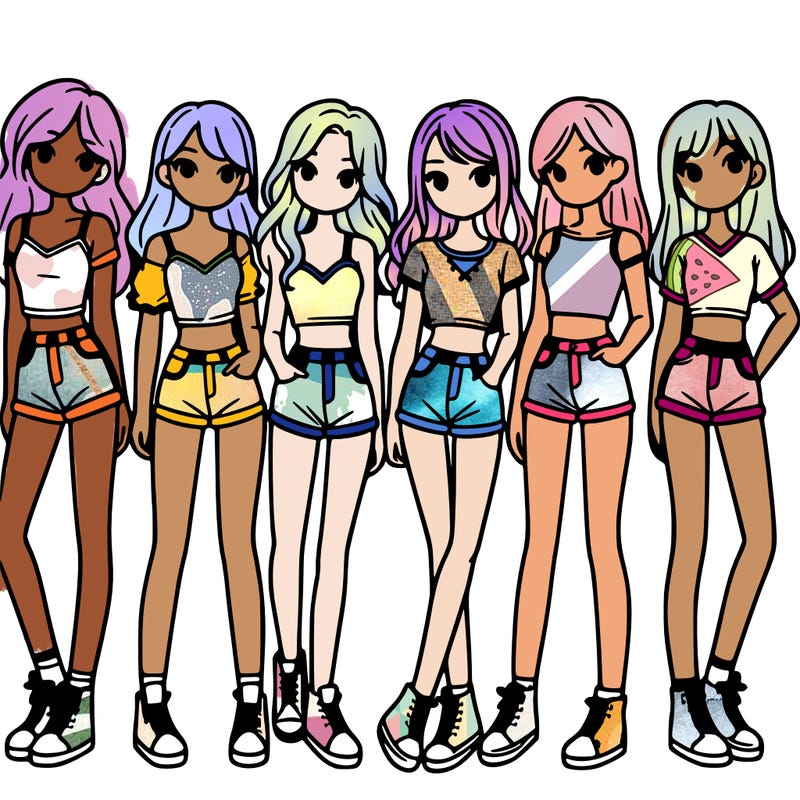 a group of girls wearing crop tops and shorts