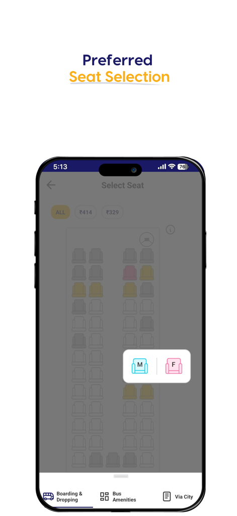 Chartered Bus - Interface of Chartered Bus app showing seat selection and gender preference options