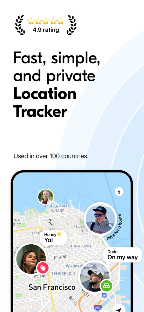 Teem app map interface showing real-time location and status of friends and family
