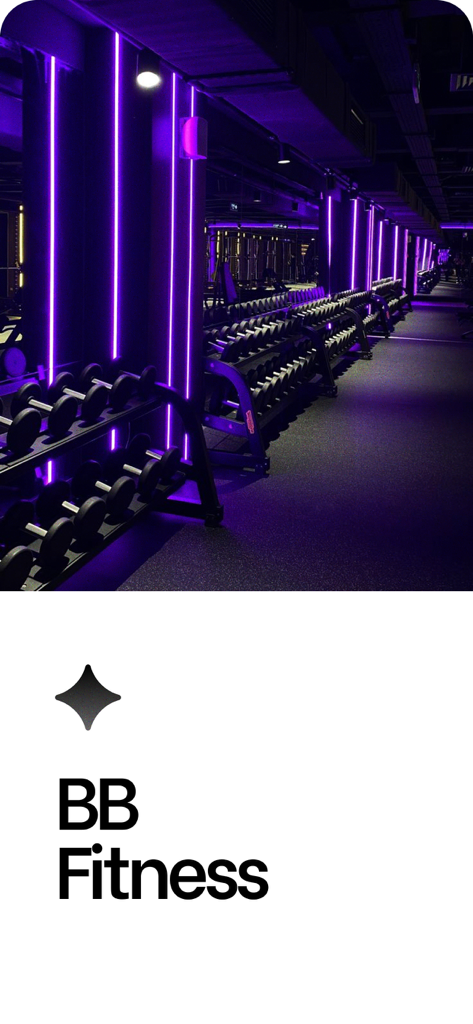 BB Fitness - BB Fitness logo and brand name below an image of a modern gym interior with purple neon lighting and dumbbell racks