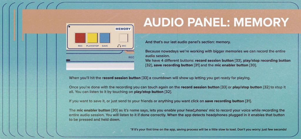 C.ARP - Une capture d'écran de la section mémoire du panneau audio de l'application musicale CARP montrant les contrôles d'enregistrement avec une esthétique rétro.