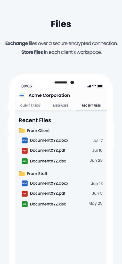 Interface de l'application Client Hub montrant une liste de fichiers récents catégorisés par client et par employé dans un espace de travail sécurisé