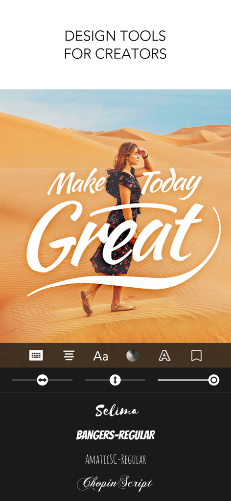Interface of PICSPLAY Classic showing a stylish text overlay on a desert landscape photo with font selection options