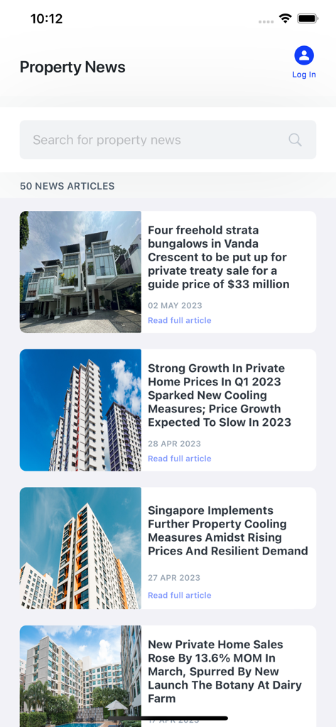 PN Business Suite - Property News feed screen showing real estate articles and search bar in the PN Business Suite app