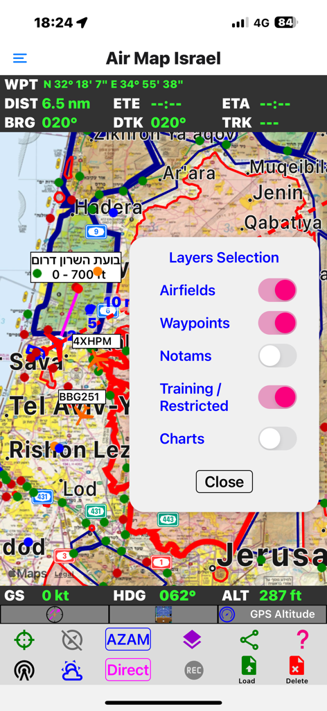 Air Map Israel - Air Map Israel navigation screen showing the layers selection menu with toggles for airfields and restricted areas over a flight map.