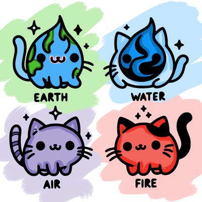 4 cats that represent the different elements, earth, water, air, and fire