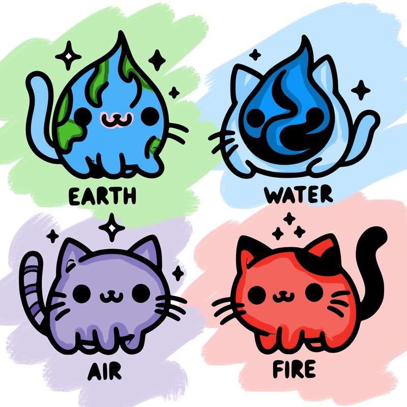 4 cats that represent the different elements, earth, water, air, and fire