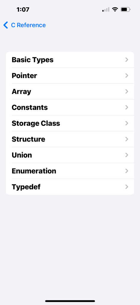 C Reference - Menu showing C programming topics like basic types and pointers in the C Reference app