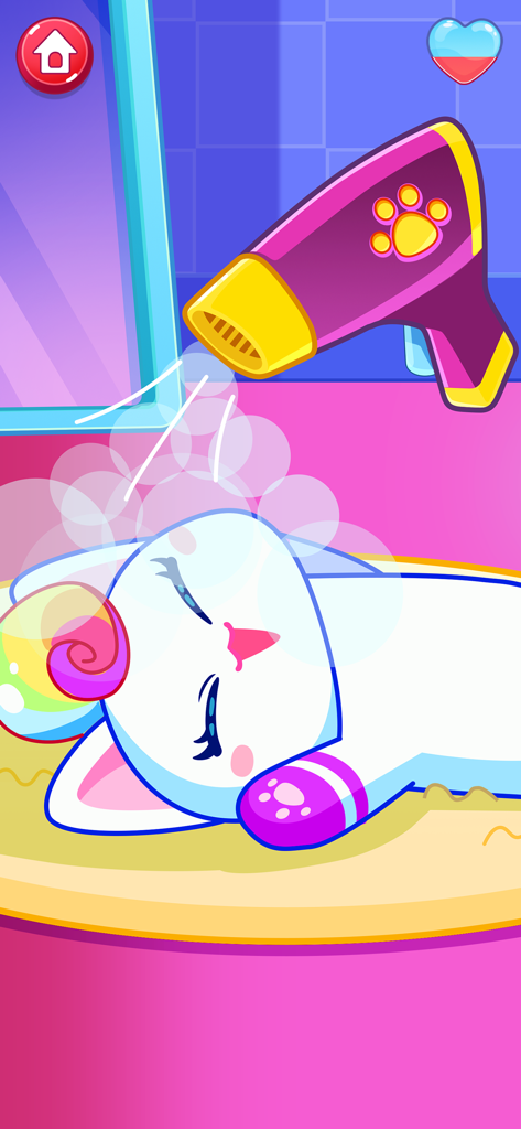 Chat de dessin animé séché au sèche-cheveux dans un jeu de soins pour animaux de compagnie pour enfants