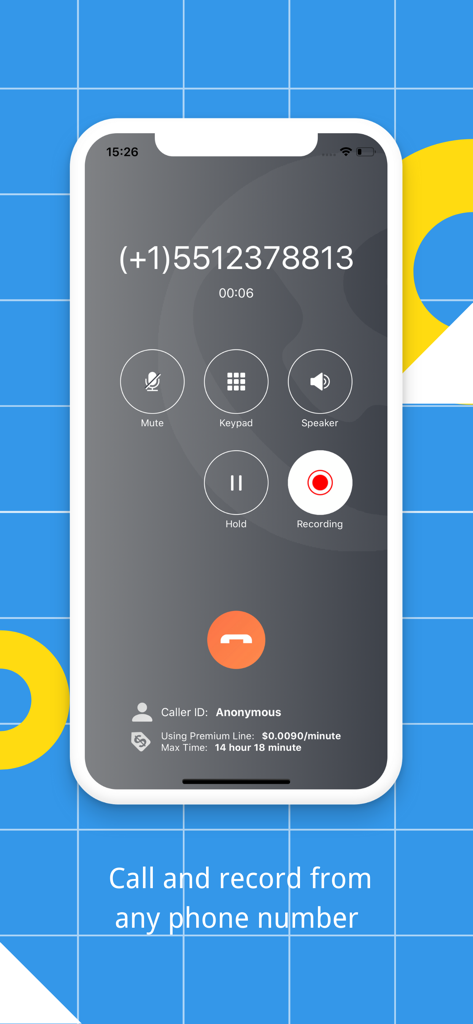 TeleMe – Record on 2nd Number - TeleMe app interface showing an active phone call with the recording button enabled