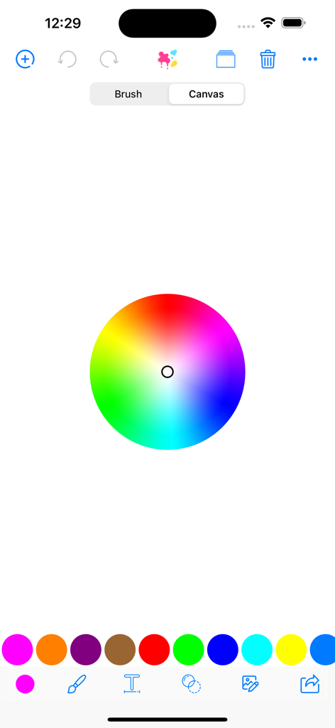 Brush Canvas color draw boards - Interface do aplicativo Brush Canvas mostrando uma roda de cores central e várias ferramentas de desenho.