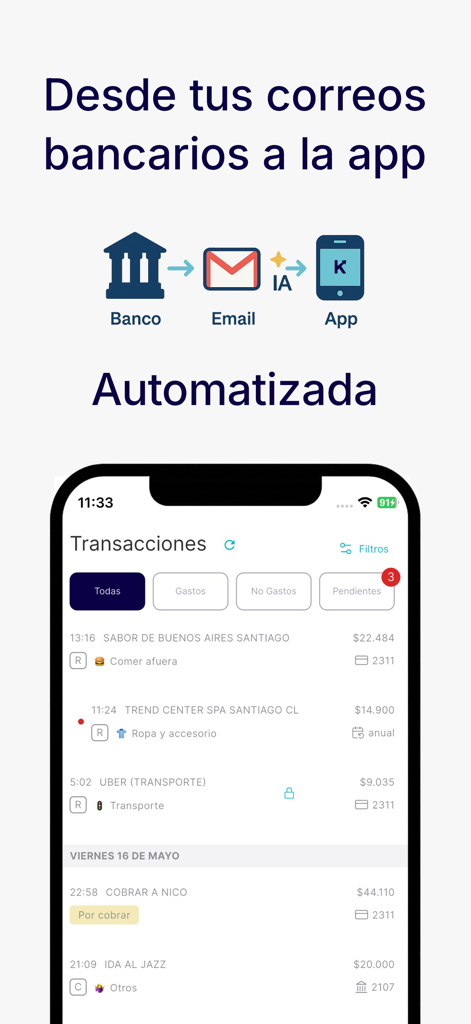 Kuanto - Kuanto app interface showing automated bank transaction categorization from email