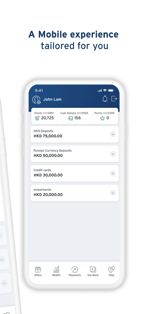 Panel de la aplicación móvil Citibank HK que muestra saldos de cuentas de depósitos e inversiones