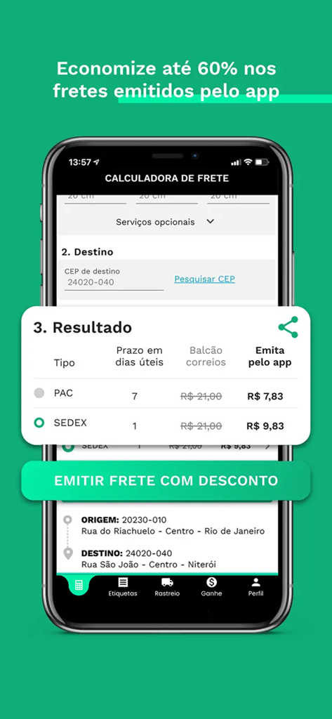 SuperFrete app showing discounted shipping rates for PAC and SEDEX