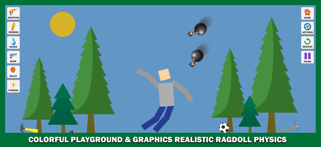 Ragdoll Simulator - Captura de pantalla del juego Ragdoll Simulator mostrando a un personaje cayendo en un entorno de sandbox con bombas y árboles