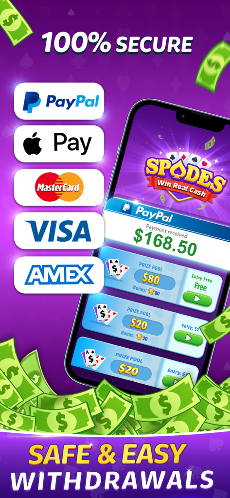 Mobile app screen showing secure withdrawal options like PayPal and Apple Pay for real cash prizes in Spades