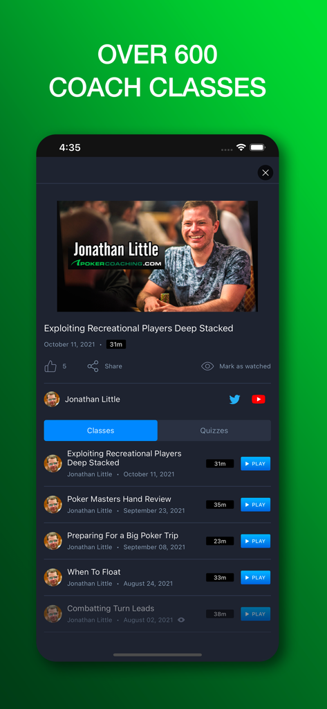 Pantalla de la aplicación Poker Coaching que muestra una lista de más de 600 clases en video y lecciones de estrategia de póker de Jonathan Little