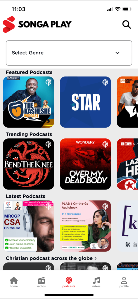 Songa Play - Songa Play app displaying various featured and trending global podcasts
