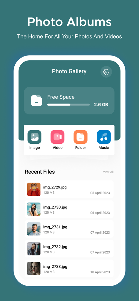 Photo Gallery : Albums - Panel de control de la aplicación Photo Gallery que muestra la capacidad de almacenamiento y una lista de archivos recientes