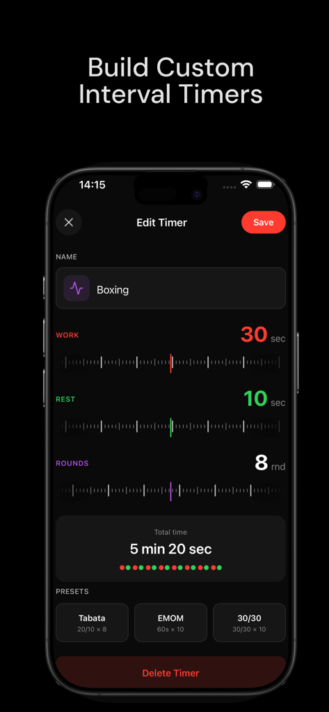 Oberfläche zum Erstellen benutzerdefinierter Intervall-Timer in der Qrep Fitness-App, die Einstellungen für Workout, Pause und Runden zeigt