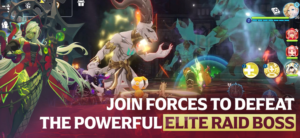 Summoners War: Chronicles - Gameplay screenshot showing players joining forces to defeat a powerful Elite Raid Boss in Summoners War Chronicles