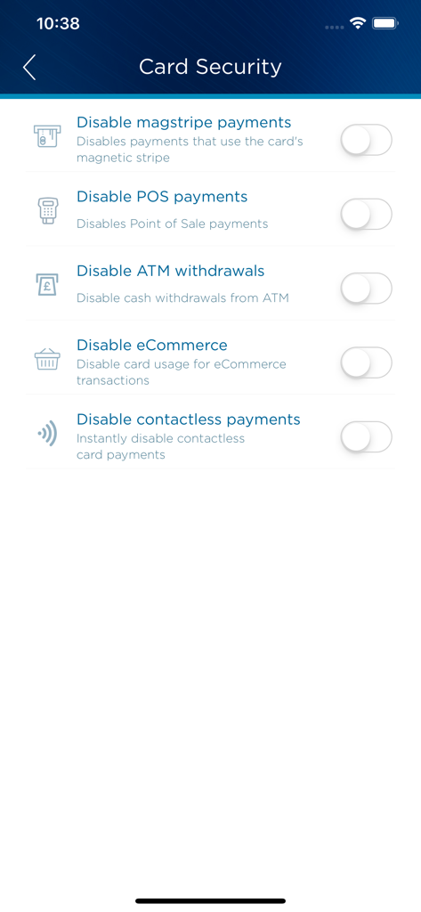 Vault – Borderless Banking - A mobile interface for the Vault app showing card security options to disable magstripe, POS, ATM, eCommerce, and contactless payments.