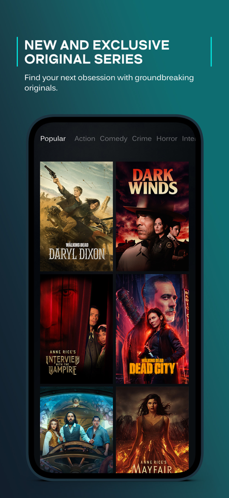 Écran de l'application mobile AMC plus présentant des séries originales exclusives, dont Daryl Dixon de The Walking Dead et Dark Winds.