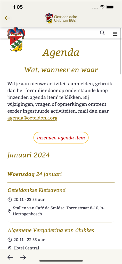 Oeteldonk - Agenda screen of the Oeteldonk app listing upcoming carnival activities and event details.