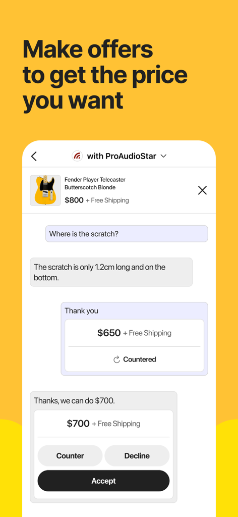 Reverb app screen showing a chat interface for making offers and negotiating prices on a Fender Telecaster guitar