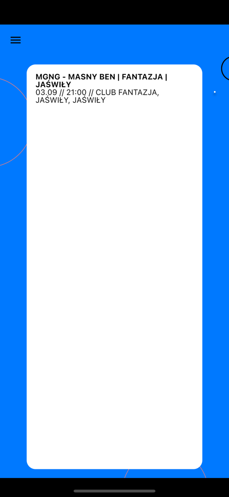 Stage24 mobile App zeigt den Eventnamen, Veranstaltungsort und die geplante Uhrzeit für die Ticketüberprüfung an