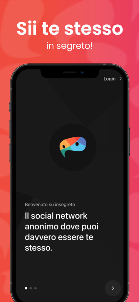 insegreto - Écran d'accueil de l'application sociale anonyme insegreto avec un logo coloré et du texte italien