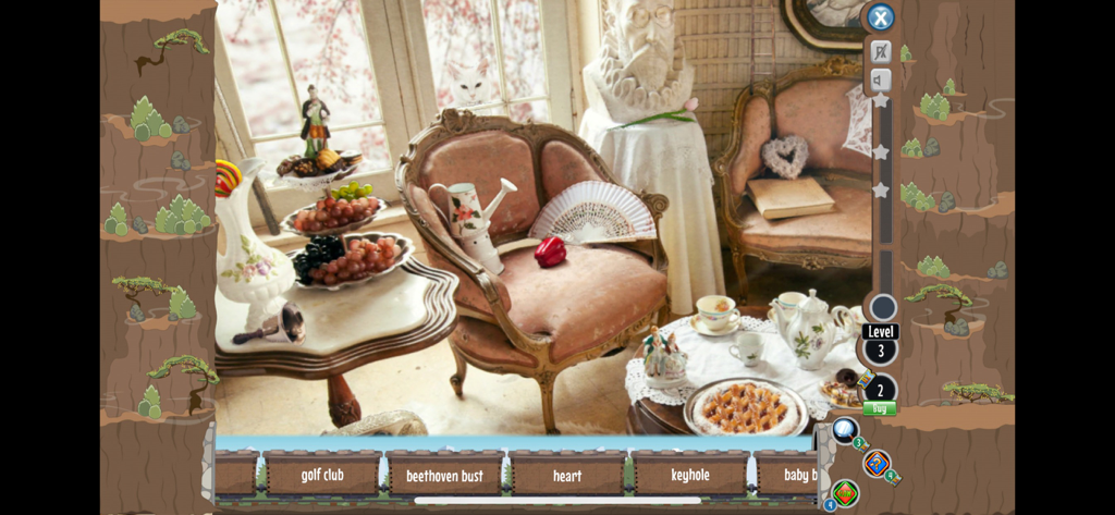 Hidden Express - Gameplay screenshot of Hidden Express showing a photographic hidden object scene and the clue train at the bottom.