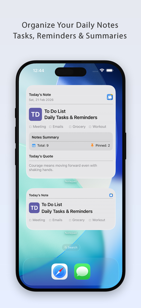 NotePad++ - Pro - Widgets de l'application Notepad Pro affichant les notes et les tâches quotidiennes sur un écran d'accueil d'iPhone.