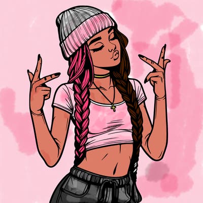 realistic teenage girl with braids and a beanie and crop top doing 🫶🏼