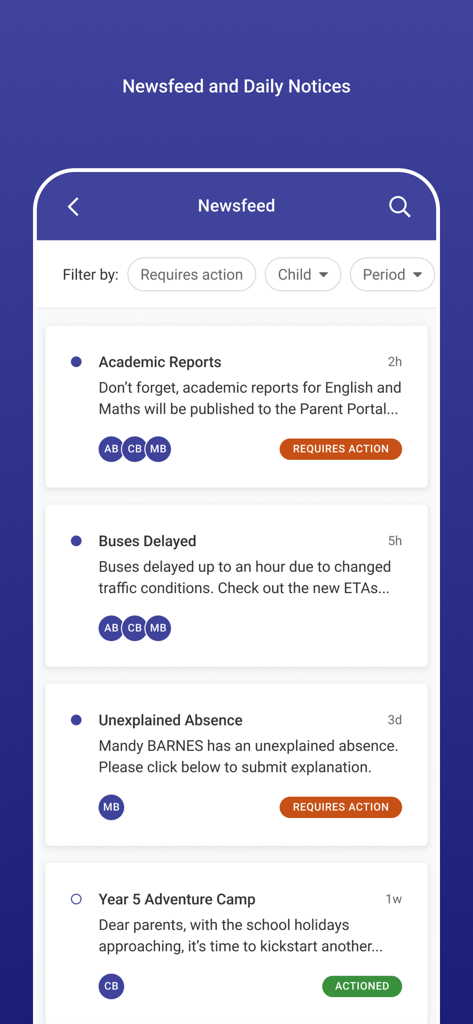Fil d'actualité de l'application Sentral for Parents montrant les avis scolaires, les rapports académiques et les notifications de présence.