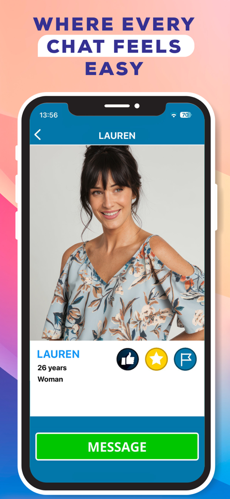 Harmonia Chat - Fall in Love - Interface de profil utilisateur sur l'application Harmonia Chat avec un bouton de message et un slogan invitant à discuter facilement.