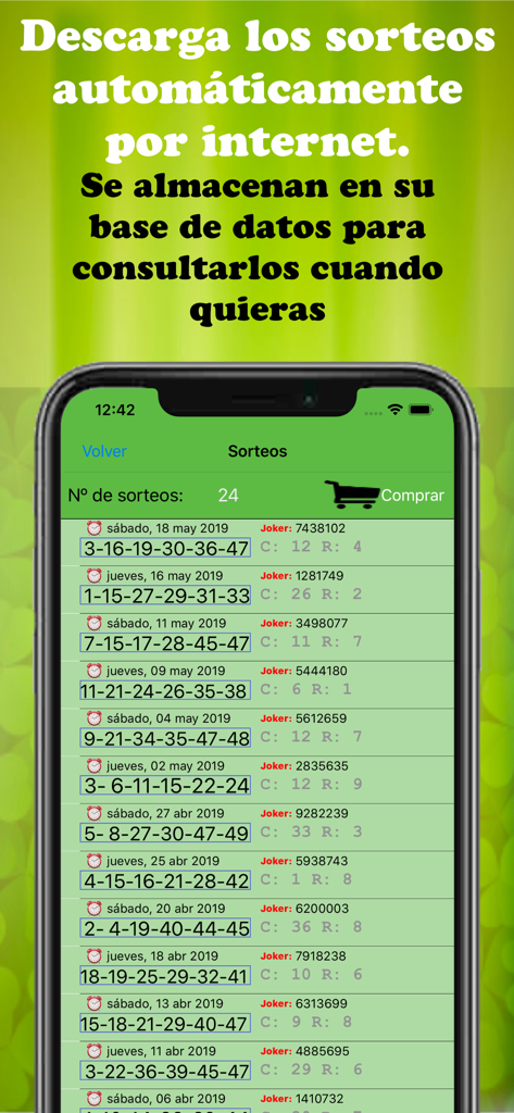 SoloPrimitiva app interface showing a list of historical La Primitiva lottery draw results with winning numbers