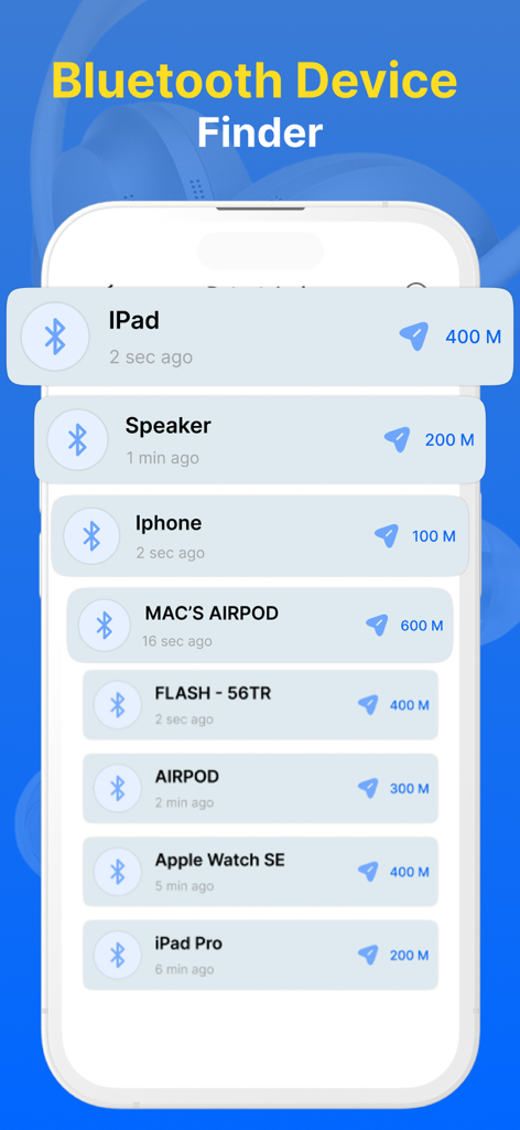 Bluetooth Finder : Ble Scanner - Screenshot of a mobile app interface showing a list of nearby bluetooth devices including airpods apple watch and speakers with signal distance