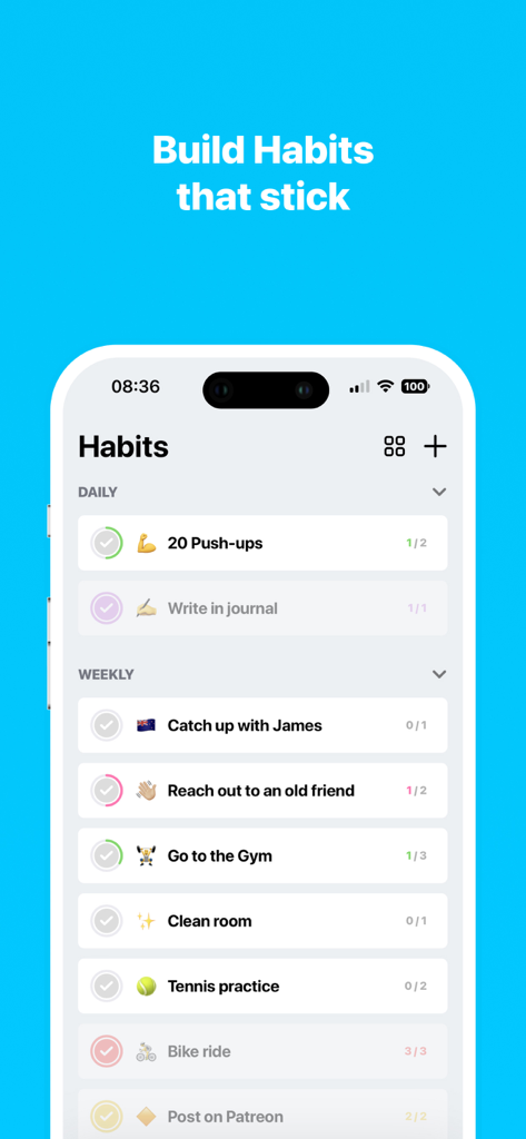 A smartphone screen displaying the Habits section of the Done app with daily and weekly progress lists for routines like exercise and journaling