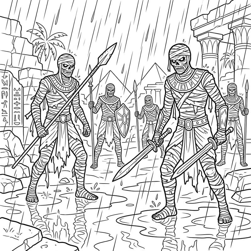 Journey to an ancient, waterlogged world with this captivating coloring page featuring formidable warrior mummies amidst a heavy downpour. Experience the thrill of bringing life to this dramatic scene, perfect for adventurers seeking a unique artistic challenge.