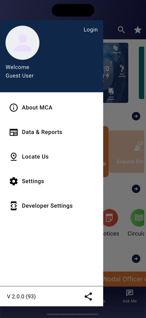MCA India - Side navigation menu of the MCA India mobile app featuring links to data reports and settings for guest users