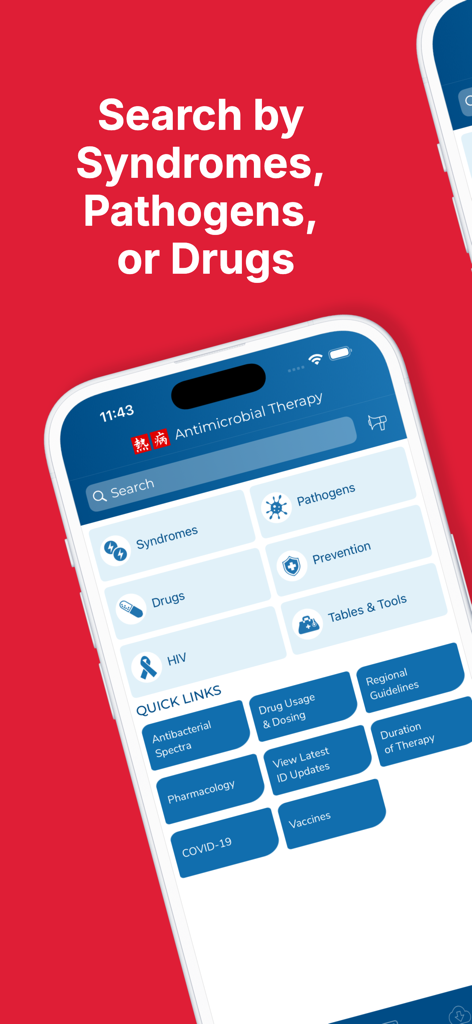Schermata di ricerca dell'app Guida Sanford Antimicrobici che mostra categorie come sindromi, patogeni e farmaci