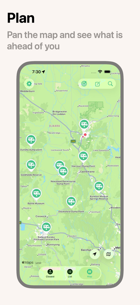 Caravan Helper - Caravan Helper app screenshot showing a map with icons for caravan dump points in Australia