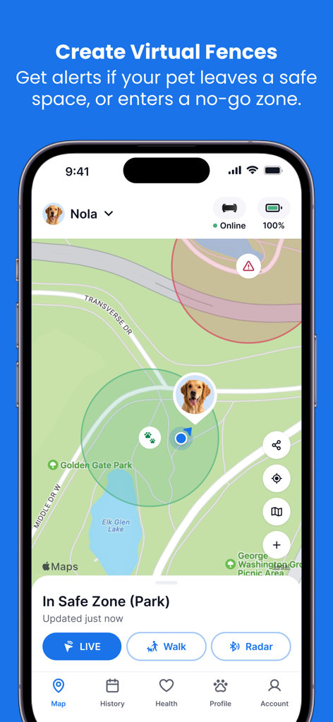 Interfaz de la app Tractive GPS que muestra una valla virtual y una zona segura para un perro en un mapa