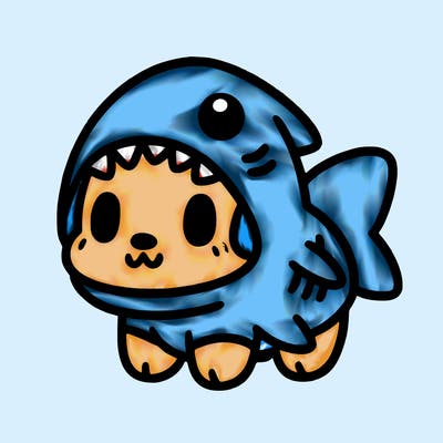 cute dog wearing a shark costume