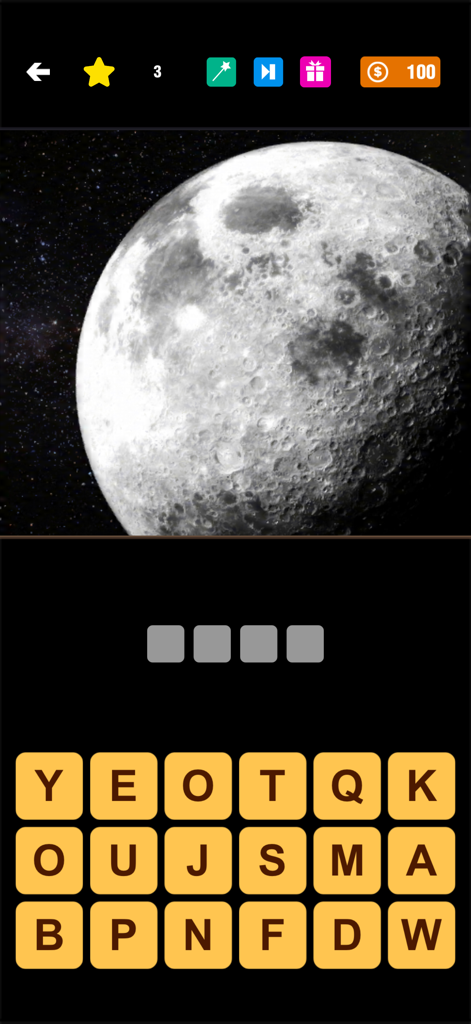 Captura de pantalla del juego de Pics Quiz Trivia que muestra una imagen de la luna y un acertijo de palabras de cuatro letras con fichas de letras.