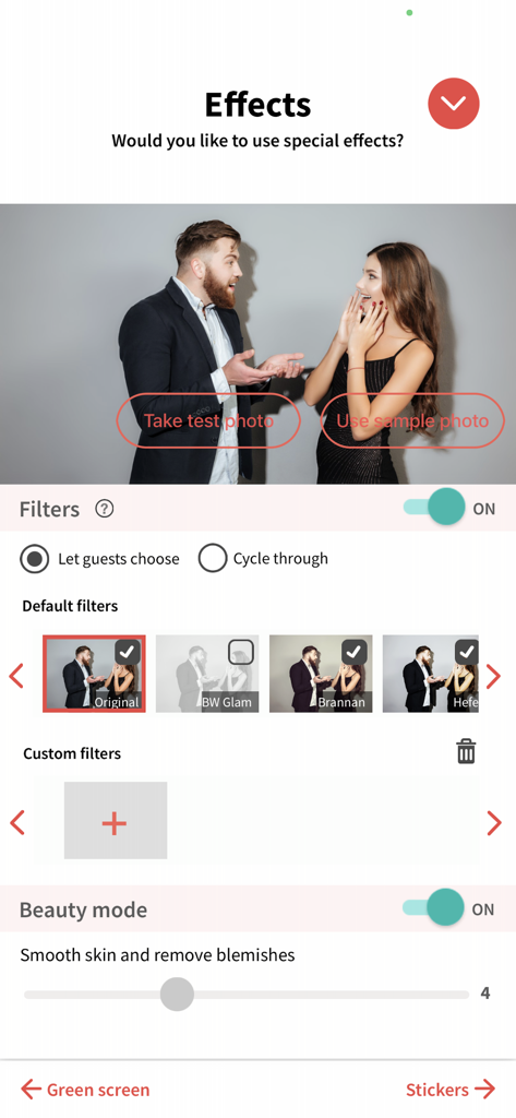 LumaBooth app interface showing configuration for photo filters and beauty mode settings