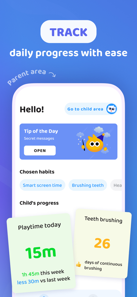 HabbyApp: Kids Habit & Routine - Parent area dashboard showing child habit progress and daily parenting tips