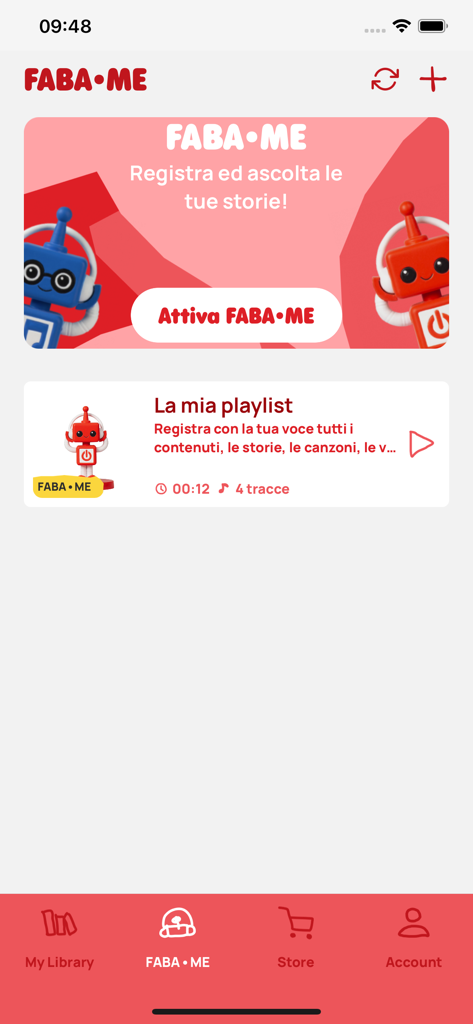 MyFaba – Il tuo Raccontastorie - MyFabaアプリのインターフェース。パーソナライズされたオーディオストーリーの録音と管理のためのFaba-me機能が表示されています。